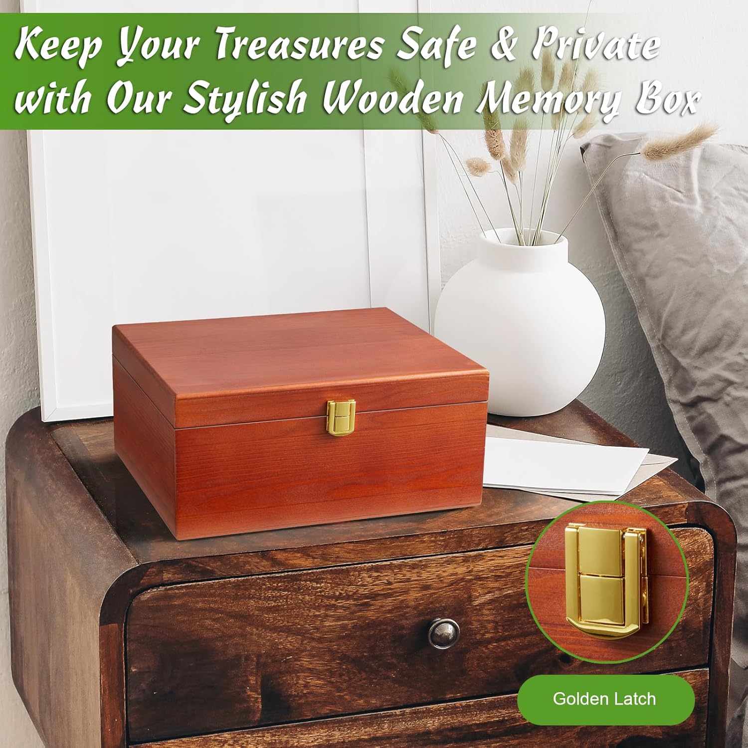 DRASTAR Large Wooden Keepsake Memory Box, Decorative Storage Box with Hinged Lid, Jewelry Gift Box with Lids, Brown